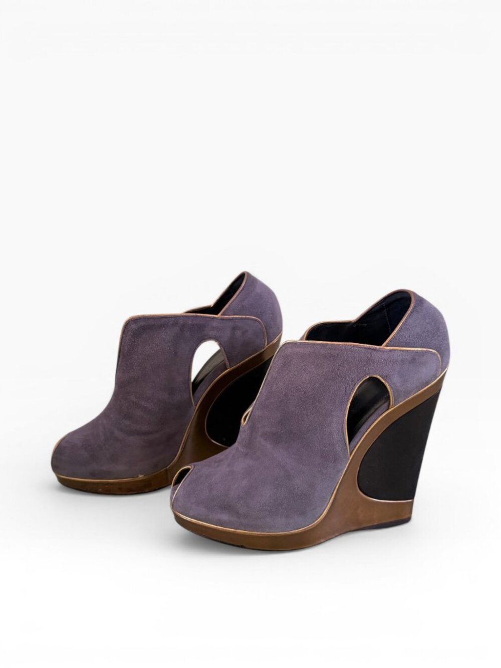 YSL Rive Gauche Gray Suede Bronze Wedge Booties 36.5 / US 6